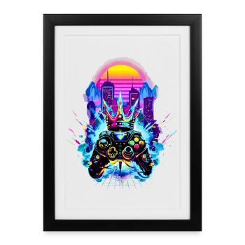 Gaming King Retrowave Controller Neon 80s City - Framed poster (27 × 37 cm) - black - Front