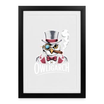 Hibou hibou avec chapeau haut de forme et monocle - Affiche encadrée (27 × 37 cm) - noir - Devant