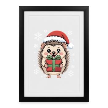 Hérisson de Noël avec chapeau et paquet de Père Noël - Affiche encadrée (27 × 37 cm) - noir - Devant