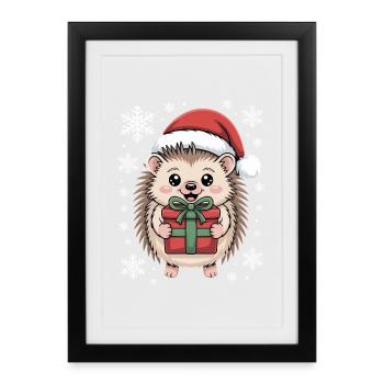 Christmas hedgehog with santa hat and snow - Framed poster (27 × 37 cm) - black - Front