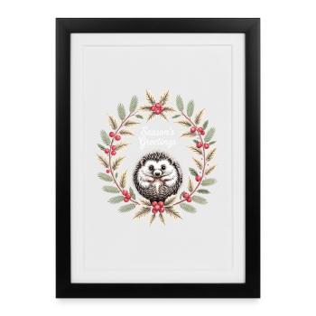 Saisons Vœux Hérisson Couronne de Noël Hiver - Affiche encadrée (27 × 37 cm) - noir - Devant