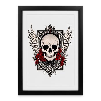 Tête de mort skull ailes d'ange roses rouges goth - Affiche encadrée (27 × 37 cm) - noir - Devant