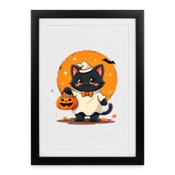 Chat d’Halloween avec citrouille d’Halloween - Affiche encadrée (27 × 37 cm) - noir - Devant