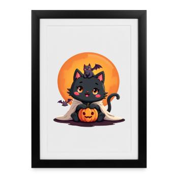 Chat d’Halloween avec citrouille d’Halloween - Affiche encadrée (27 × 37 cm) - noir - Devant