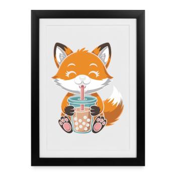 T-shirt à bulles kawaii T-shirt Fox Boba - Affiche encadrée (27 × 37 cm) - noir - Devant