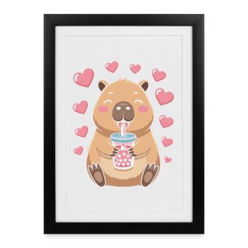 Thé à bulles kawaii Thé Capybara Boba - Affiche encadrée (27 × 37 cm) - noir - Devant