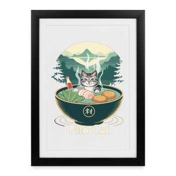 Pho Cat dans une tasse de ramen - Affiche encadrée (27 × 37 cm) - noir - Devant