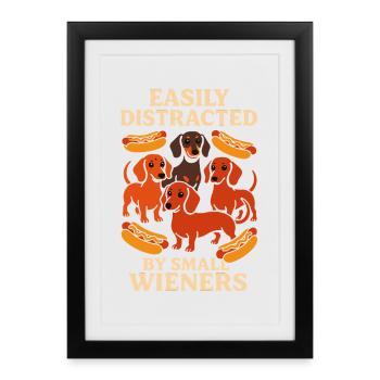 Facilement distrait par l’humour des petits teckels saucisses fumées - Affiche encadrée (27 × 37 cm) - noir - Devant