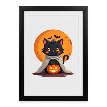 Chat d’Halloween avec citrouille d’Halloween - Affiche encadrée (27 × 37 cm) - noir - Devant