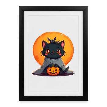 Chat d’Halloween avec citrouille d’Halloween - Affiche encadrée (27 × 37 cm) - noir - Devant