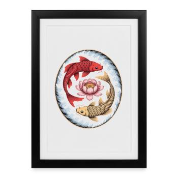 Koi Poisson Lotus Fleur Wave Art - Affiche encadrée (27 × 37 cm) - noir - Devant
