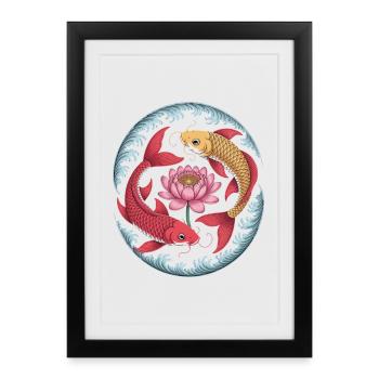Poisson Koi et fleur de lotus motif harmonieux - Affiche encadrée (27 × 37 cm) - noir - Devant