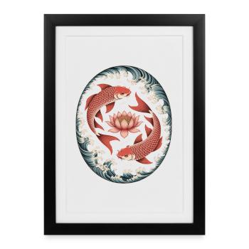 Koi fish and lotus flower in wave art - Framed poster (27 × 37 cm) - black - Front