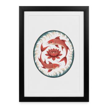 Les carpes koï et la fleur de lotus dans l’eau - Affiche encadrée (27 × 37 cm) - noir - Devant