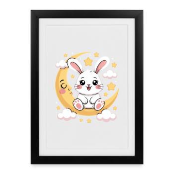 Lapin mignon sur le croissant de lune avec des étoiles - Affiche encadrée (27 × 37 cm) - noir - Devant