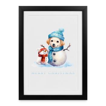 Bonhomme de neige joyeux avec chien bonhomme de neige - Affiche encadrée (27 × 37 cm) - noir - Devant