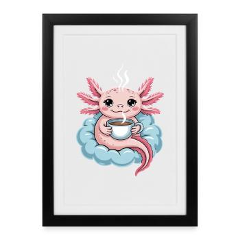 Axolotl avec café sur nuage Café du matin Kawaii - Affiche encadrée (27 × 37 cm) - noir - Devant