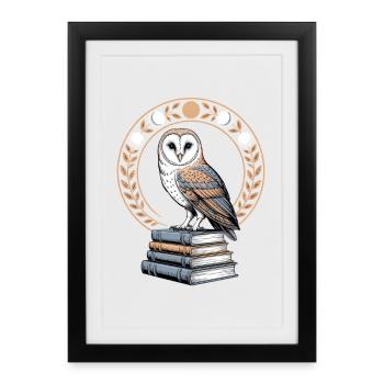 Owl on books with moon phases wreath - Framed poster (27 × 37 cm) - black - Front