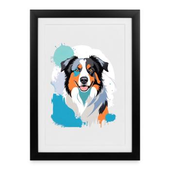 Colorful Aussie Dog Portrait with Paint Splashes - Framed poster (27 × 37 cm) - black - Front