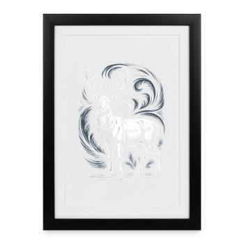 Weißer Hirsch Mit Geweih Mond Und Waldornament - Gerahmtes Poster (27 × 37 cm) - Schwarz - Vorne