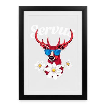 Alpen Hirsch Servus Hirschgeweih Tracht Oktober - Gerahmtes Poster (27 × 37 cm) - Schwarz - Vorne
