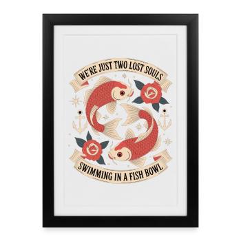 Deux âmes perdues - Style de tatouage de poisson koi - Affiche encadrée (27 × 37 cm) - noir - Devant
