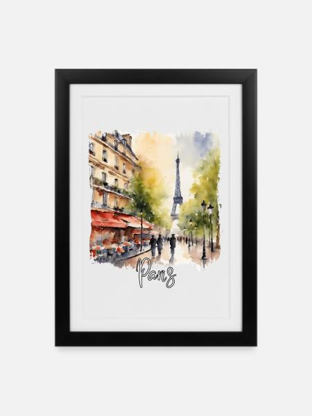 Pariser Aquarell, ich liebe Paris - Gerahmtes Poster (27 × 37 cm) - Schwarz
