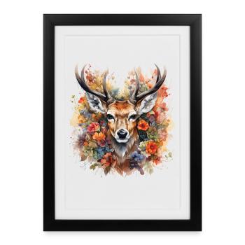 Majestic Deer – Art Portrait with Flowers - Framed poster (27 × 37 cm) - black - Front