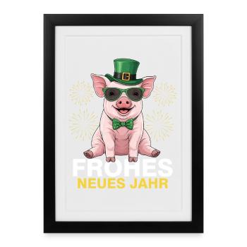 Bonne Année Cochon Porte-Bonheur - Affiche encadrée (27 × 37 cm) - noir - Devant