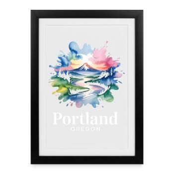 Portland, Oregon, Paysage naturel coloré - Affiche encadrée (27 × 37 cm) - noir - Devant