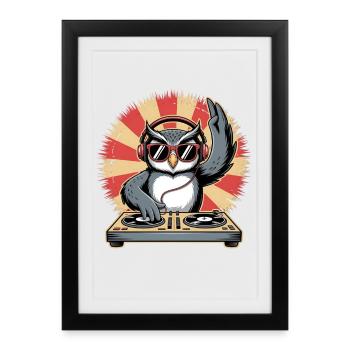 DJ Owl avec platines - Affiche encadrée (27 × 37 cm) - noir - Devant