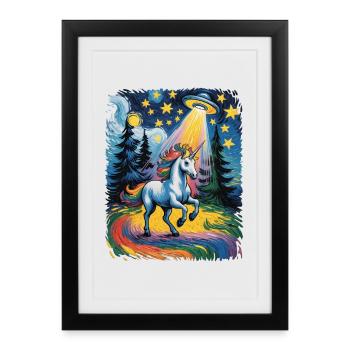 Glowing unicorn in a starry rush - Framed poster (27 × 37 cm) - black - Front