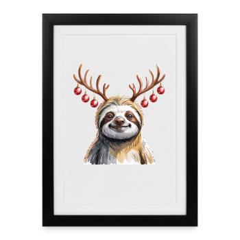 Faultier Mit Rentiergeweih Und Weihnachtskugeln - Gerahmtes Poster (27 × 37 cm) - Schwarz - Vorne
