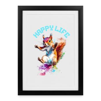 Happy Life Squirrel Design - Affiche encadrée (27 × 37 cm) - noir - Devant