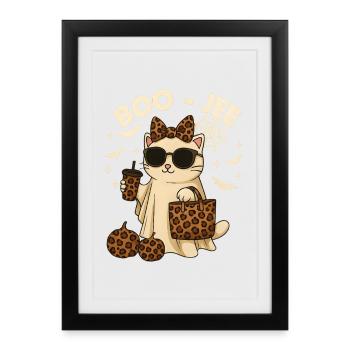 Coquette Léopard Fantôme Café Boo Chat Halloween  - Affiche encadrée (27 × 37 cm) - noir - Devant