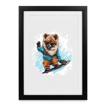 Chien Poméranien Snowboard - Affiche encadrée (27 × 37 cm) - noir - Devant
