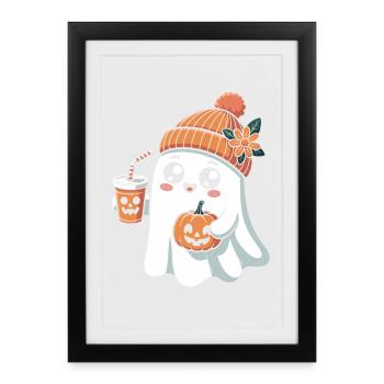 Cute Ghost With Pumpkin Spice Latte And - Framed poster (27 × 37 cm) - black - Front