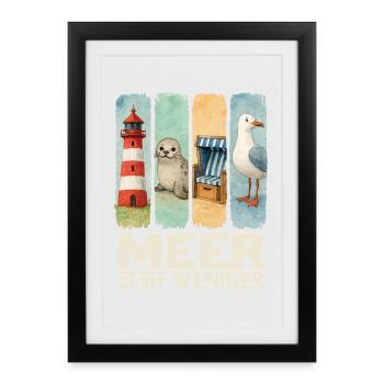Phare de Moin, chaise de plage avec phoques, côte des mouettes - Affiche encadrée (27 × 37 cm) - noir - Devant