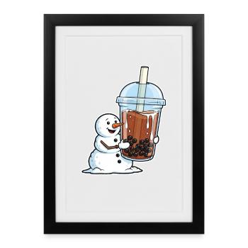 Snowman and Bubble Tea Mug - Framed poster (27 × 37 cm) - black - Front