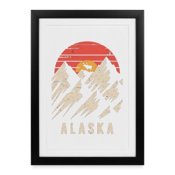 T-shirt rétro Alaska – Montagnes et orignal - Affiche encadrée (27 × 37 cm) - noir - Devant