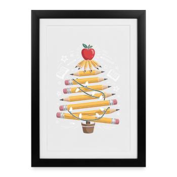Arbre au crayon de couleur avec des guirlandes lumineuses - Affiche encadrée (27 × 37 cm) - noir - Devant