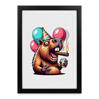 Fête Capybara avec ballons et cigare - Affiche encadrée (27 × 37 cm) - noir - Devant
