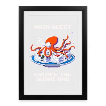 Évadez-vous du bar à sushis | Octopus Humour - Affiche encadrée (27 × 37 cm) - noir - Devant