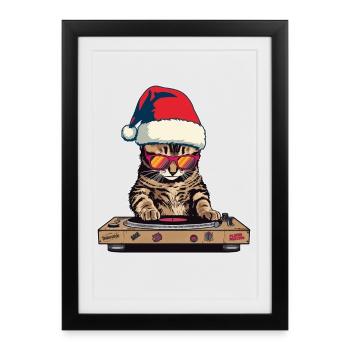 DJ Cat with Santa Hat - Framed poster (27 × 37 cm) - black - Front