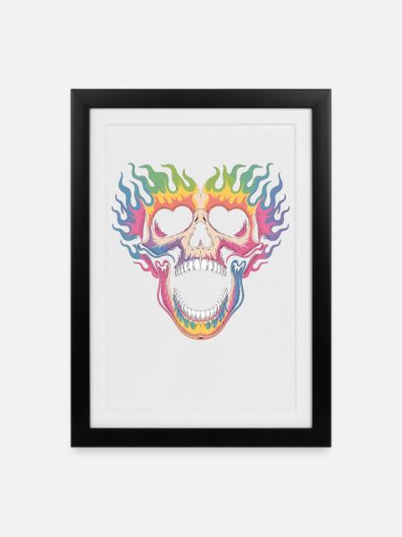 Skull Shirt mit Regenbogen Flammen - Gerahmtes Poster (27 × 37 cm) - Schwarz
