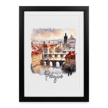 Aquarelle de Prague, Prague République tchèque - Affiche encadrée (27 × 37 cm) - noir - Devant