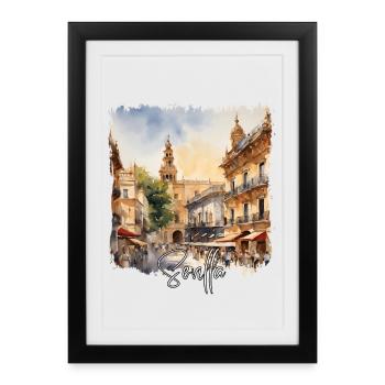 Aquarelle de Séville, Séville, Espagne - Affiche encadrée (27 × 37 cm) - noir - Devant