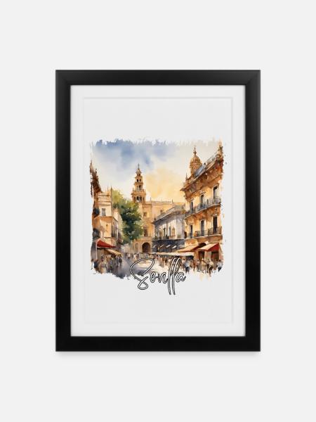 Aquarell von Sevilla, Sevilla, Spanien - Gerahmtes Poster (27 × 37 cm) - Schwarz