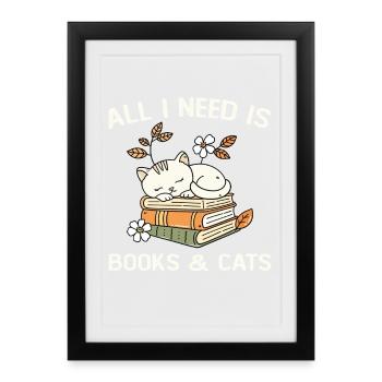 Bücher und Katzen Geschenkidee Frau Mann - Gerahmtes Poster (27 × 37 cm) - Schwarz - Vorne