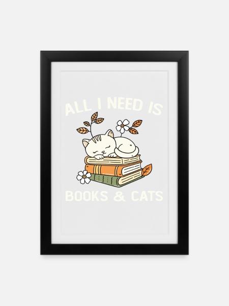 Bücher und Katzen Geschenkidee Frau Mann - Gerahmtes Poster (27 × 37 cm) - Schwarz